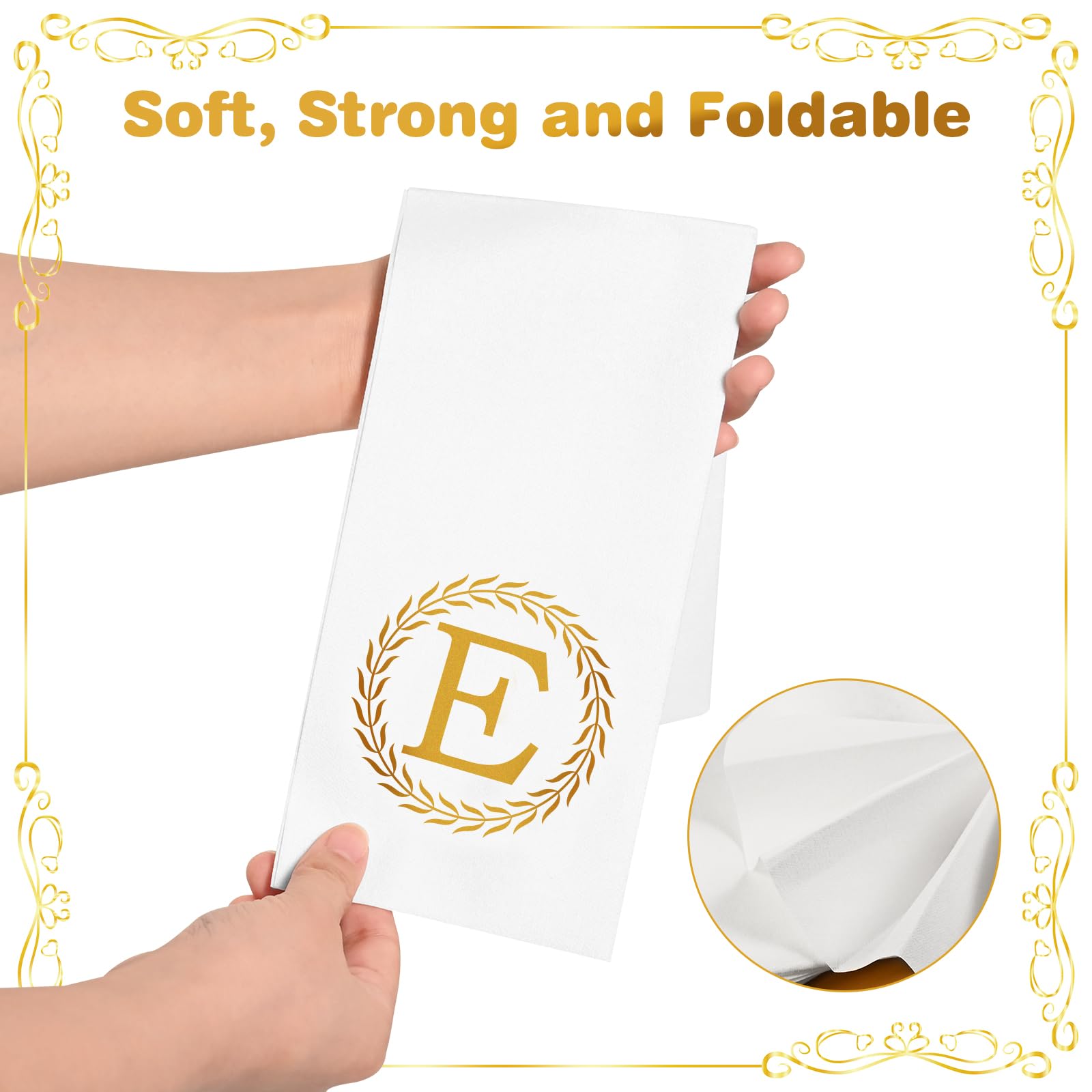 100 Gold Monogram Disposable Napkins - Letter E Hand Towels Decorative, Dinner Napkins For Guest, Monogrammed Hand Towels For Ba