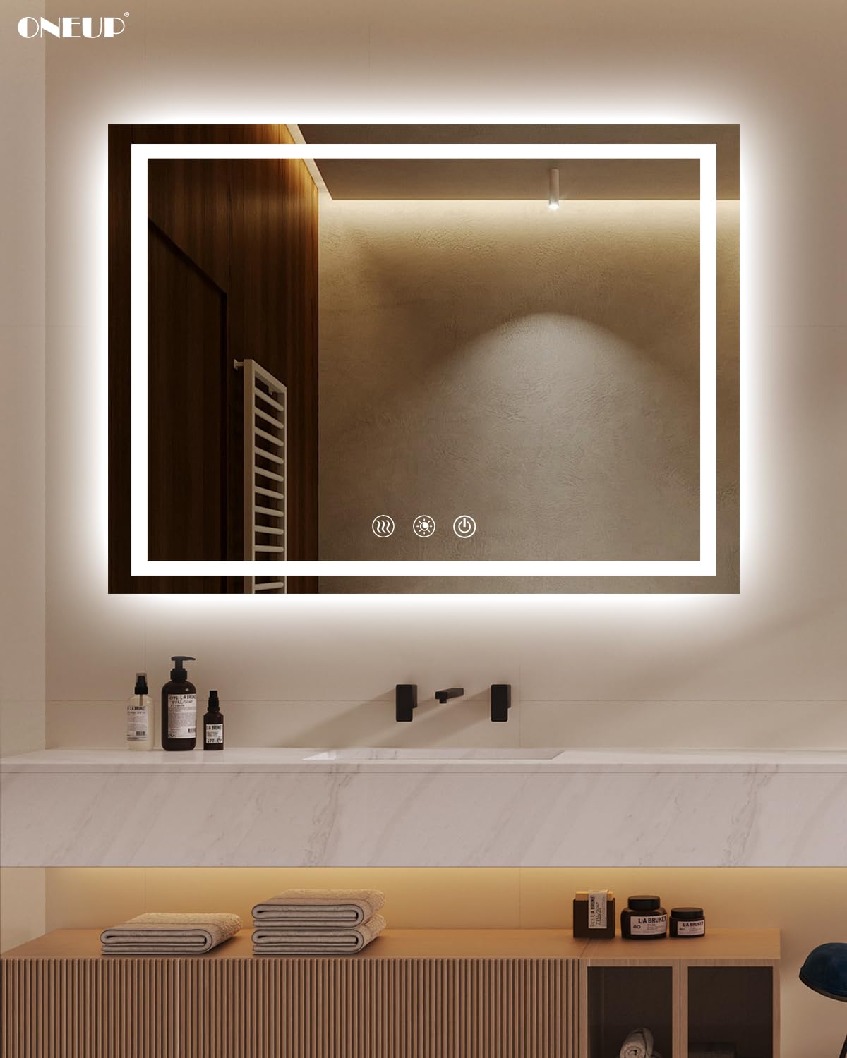 Oneup 48X36'' Led Bathroom Mirror,Lighted Bathroom Mirror With Lights,Dimmable 3 Colors Temperature,Anti-Fog,Modern Led Vanity M