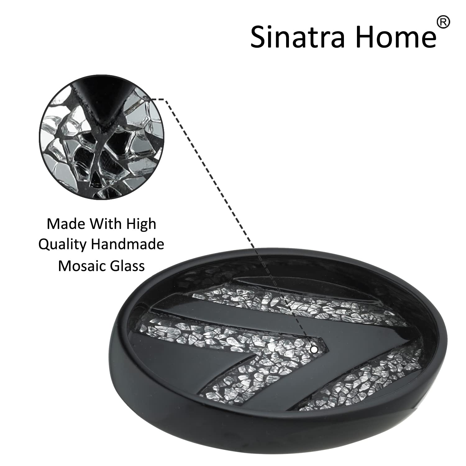Zahari Home 4pc Sinatra Stylish Bathroom Accessories Set Black Soap Dispenser/Lotion Pump  Tumbler  Tooth Brush Holder and Soap Dish Modern Luxury Decor Bling Mosaic Glass Black Bathroom Accessories