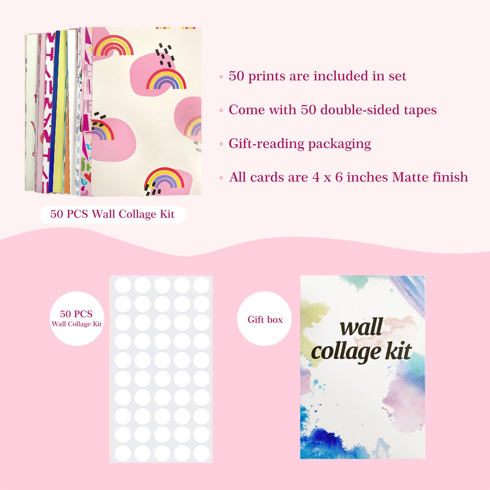 Dazzlewall 50Pcs Abstract Wall Collage Kit Preppy Aesthetic Pictures For Bedroom Living Room Dormitory Pink Wall Decor Poster 4X