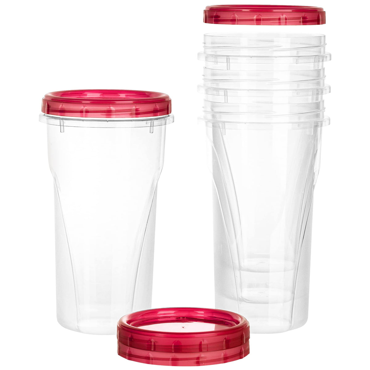Plasticpro 48 Ounce Twist Top Deli Containers Clear Bottom With Red Top Twist On Lids Reusable, Stackable, Food Storage Freezer