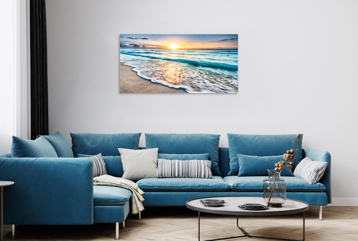 Tutubeer 1 Pcs Beach Wall Art Beach Wall Decor Blue Sea Sunset White Beach Ocean Wall Art Beach Pictures Wall Art Seascape Print