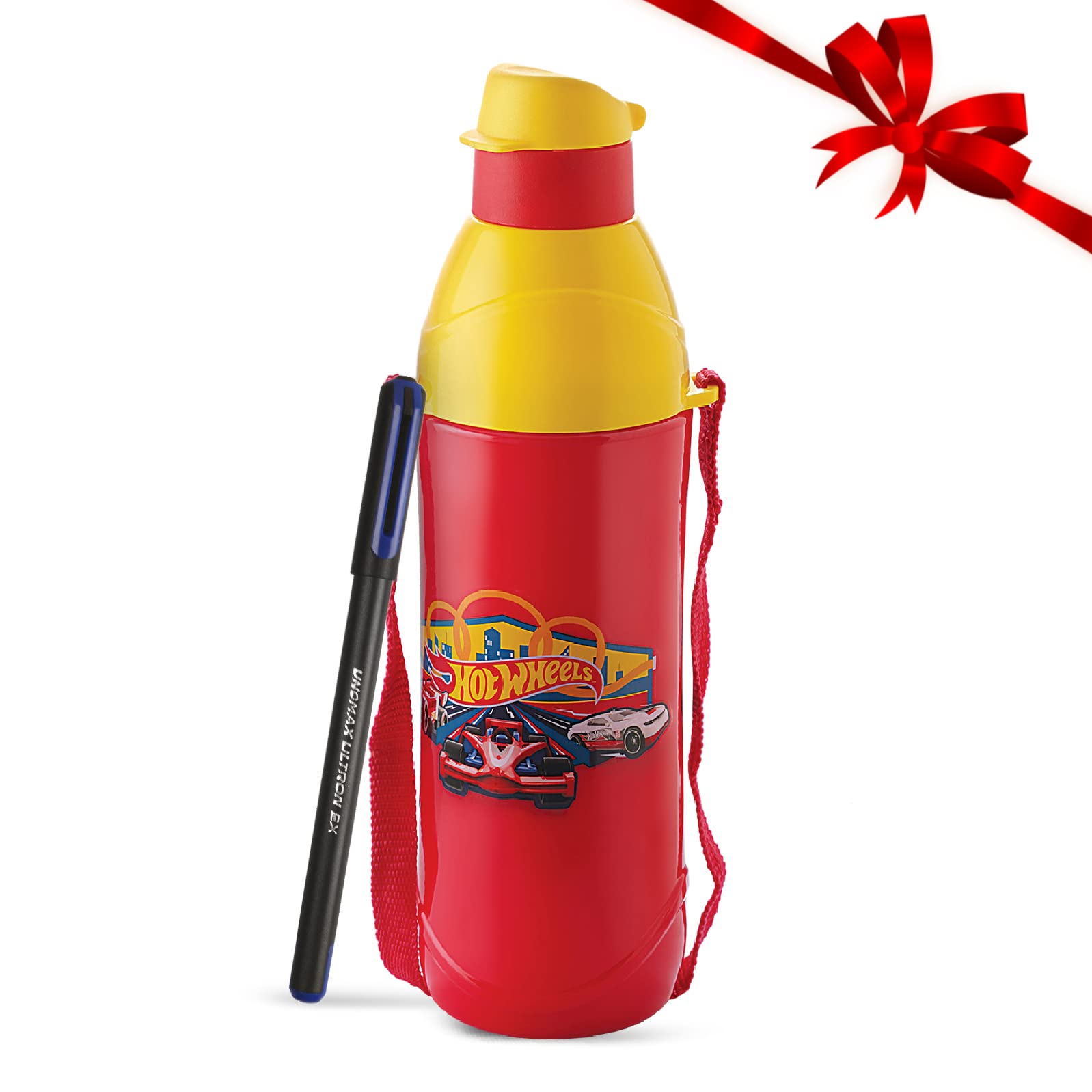 Cello Puro Junior 900 | Hot Wheel Print Plastic Water Bottle | 680Ml, Red With Free Unomax Ultron 2X Ball Pen