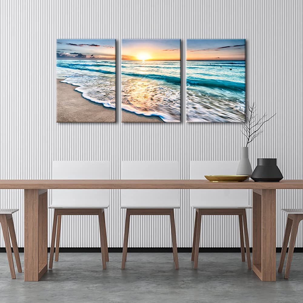 Wieco Art 3 Panels Blue Beach Sunrise White Wave Pictures On Canvas Wall Art Modern Stretched And Framed Seascape Canvas Prints