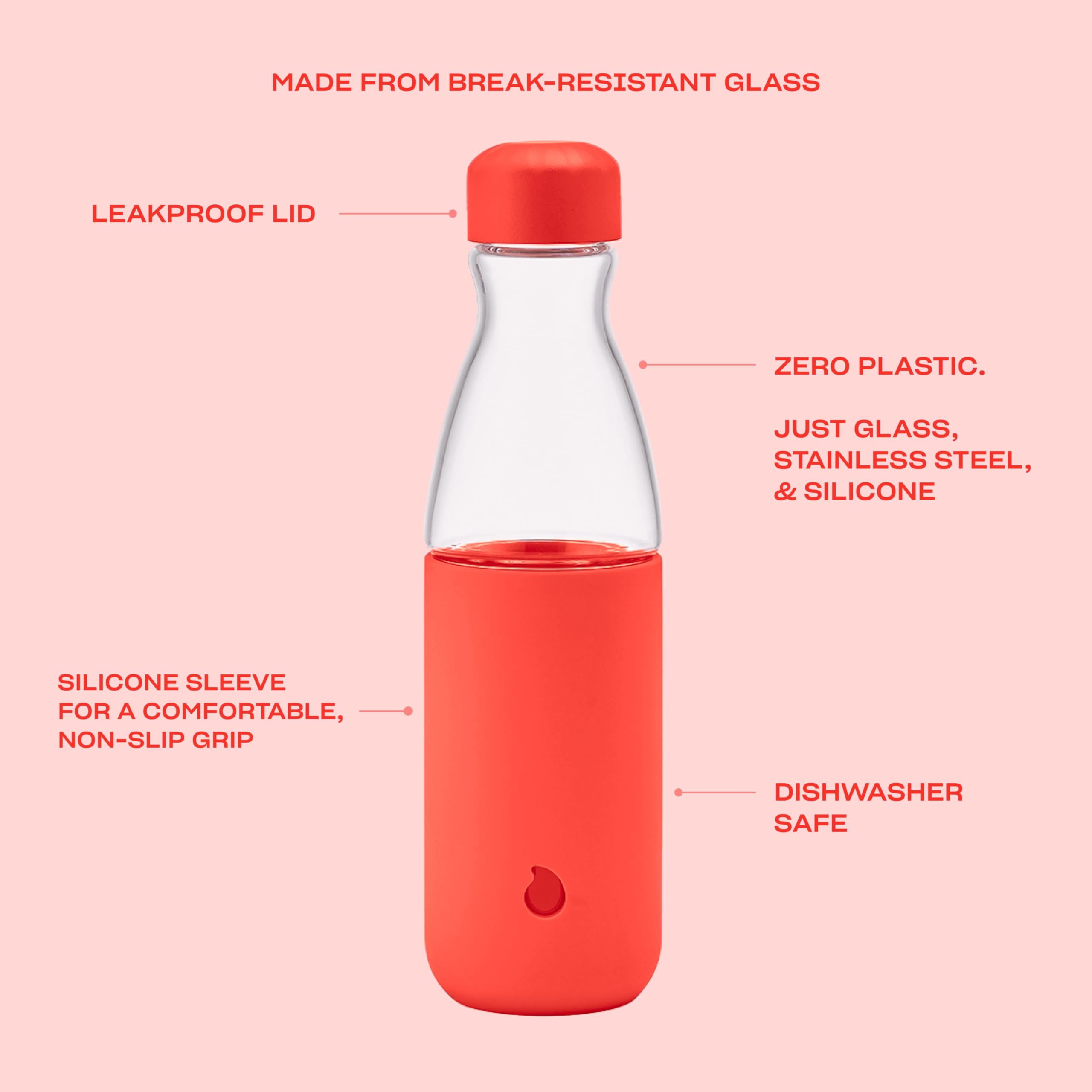 S'well Glass Original Water Bottle, 18oz, Radiant Coral, Break Resistant Glass With Protective Silicone Sleeve, BPA Free, Zero P