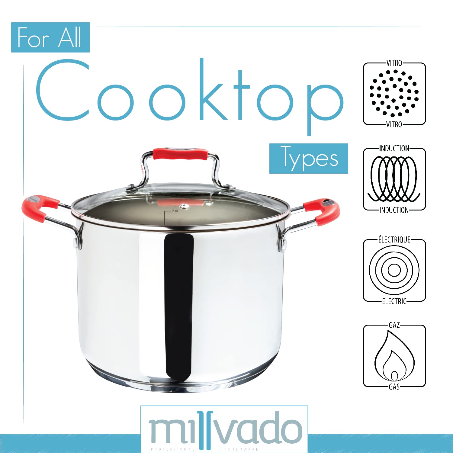 Millvado Stock Pot, Large Stainless Steel 11 Quart Stockpot, Large Cooking Pot, Clear Glass Lid And Measurement Markings, Steam