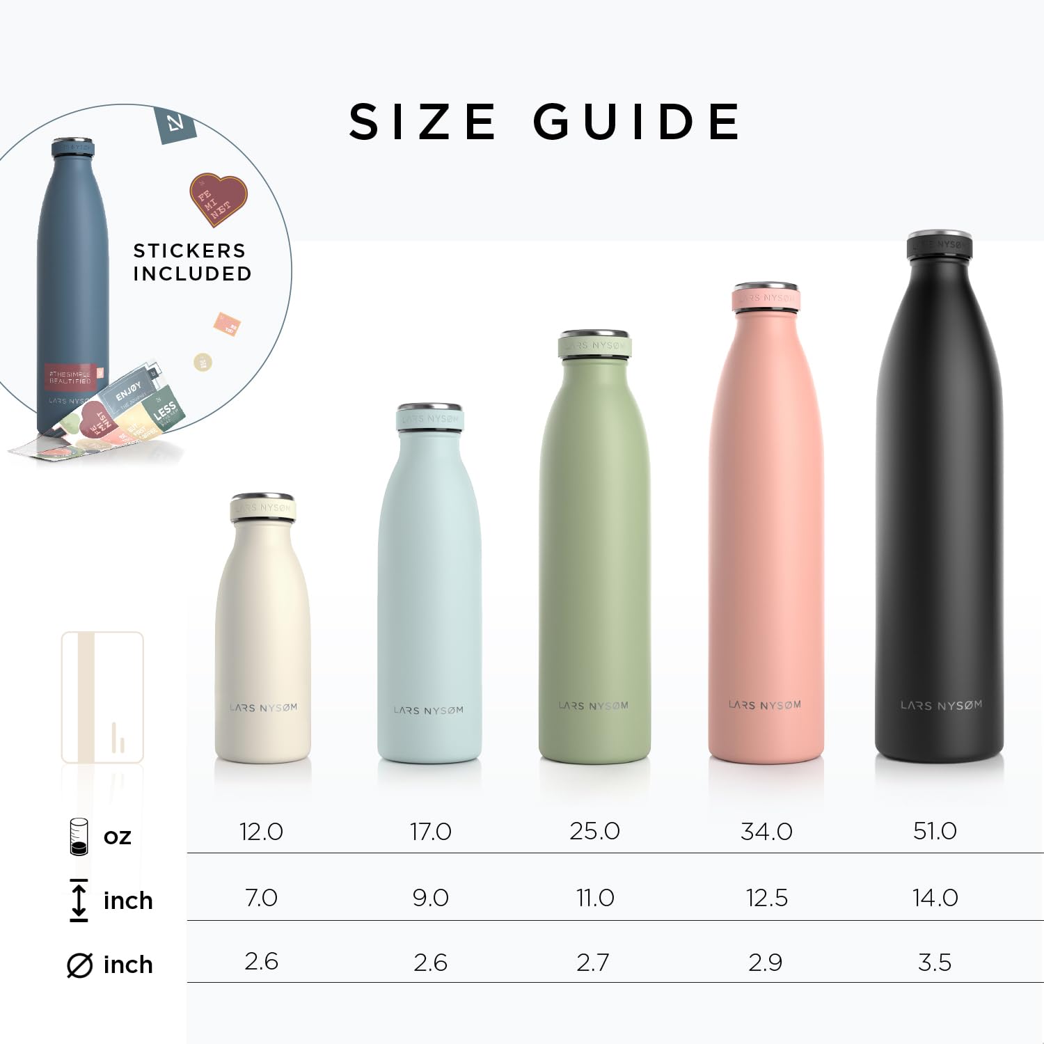 Lars Nysm Stainless Steel Insulated Water Bottle 12Oz 17Oz 25Oz 34Oz 51Oz | Bpa-Free Insulated Thermo Flask For Hot And Cold Bev