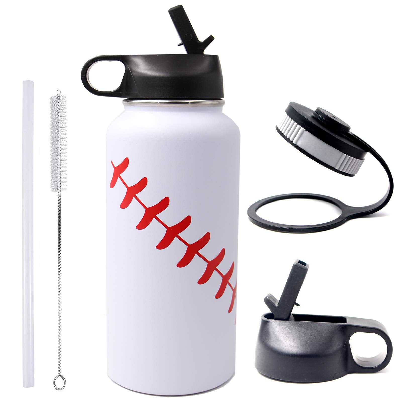 32 Oz Baseball Water Bottle, Wide Mouth Sports Flask Metal Travel Tumbler With 2 Lids 18/8 Stainless Steel Double Wall Vacuum In