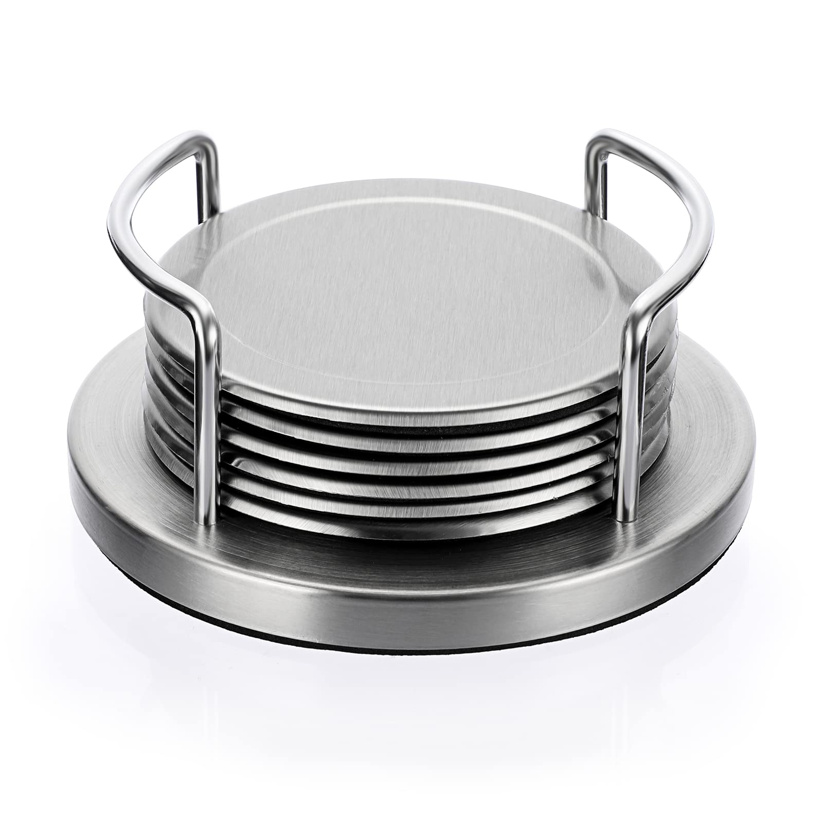 Juxyes Set Of 6 Stainless Steel Round Coasters With Holder & Sponge Bottom, Silver Metal Cup Coasters Set Stunning Cool Coaster