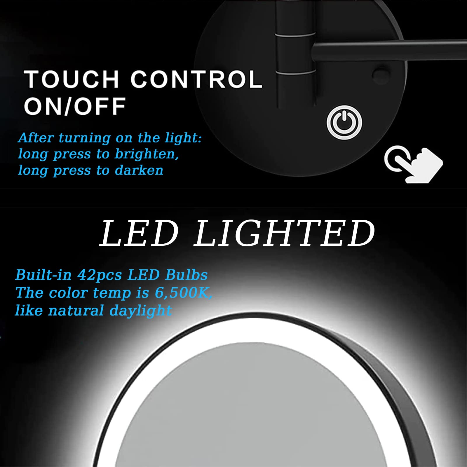 JMFHCD LED Makeup Mirror with Lights and 10x Magnification Vanity Mirror Wall Mounted Round Double Sided Vanity Magnifying with