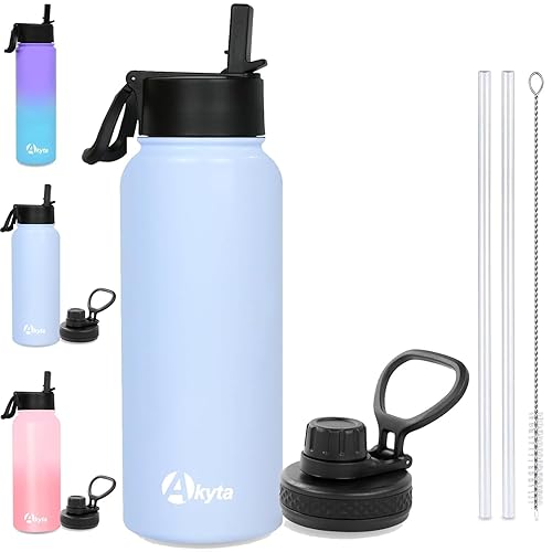 Akyta Sports Stainless Steel Water Bottle with Straw  Spout lid-32OZ - Keep Water Cold/Hot  Wide Mouth Vacuum Insulated Thermos Metal Water Bottles for Biking Hiking (Light Blue  32OZ)
