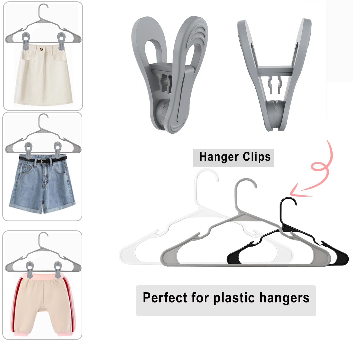 Tofiigrem Grey Hanger Clips 50 Pack, Multi-Purpose Plastic Clips Easily Add On Plastic Clothes Hangers Velvet Hanger, Clothes-Pi