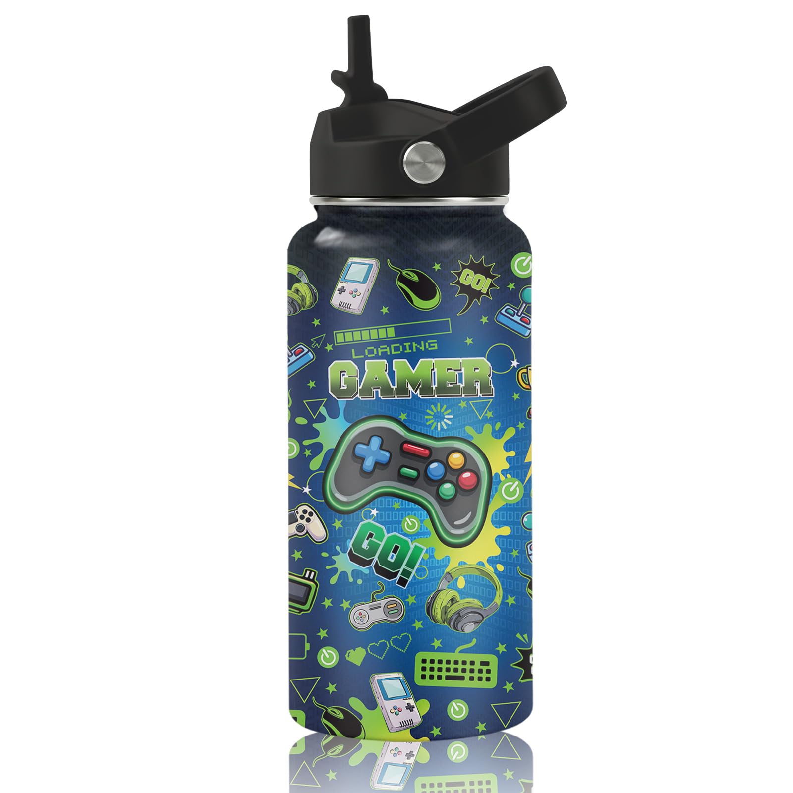 Gifts for Game Lovers  32oz Gamer Water Bottle with Straw, Games Stainless Steel Water Bottle, Leak Proof, BPAFree, Sport Insu