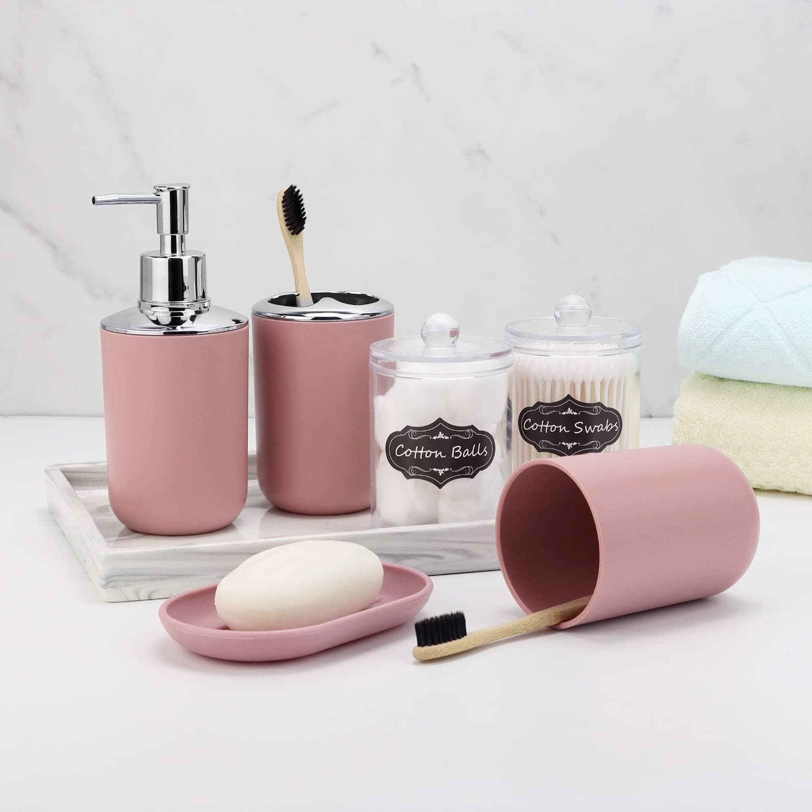 Imavo Bathroom Set - 9 Pcs Pink Bathroom Accessories Set With Trash Can,Tray,Soap Dispenser,Soap Dish, Toothbrush Holder,Toothbr