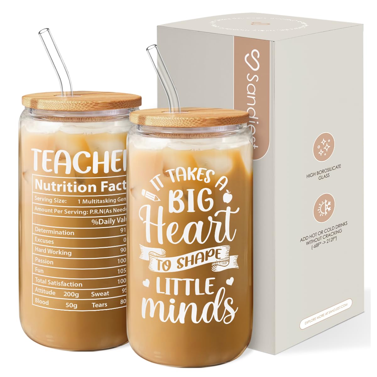 Teacher Gifts for Women - 16 Oz Can Glass Coffee Cup with Straws - Teacher Appreciation Gift for Women on Birthday Back To Schoo