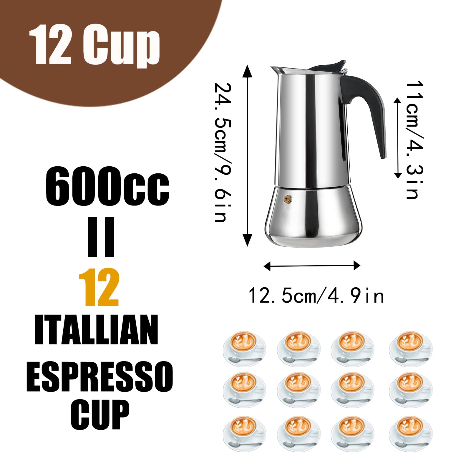 Ditosh 12 Cup 600 Ml 20 Oz Stovetop Espresso Maker Stainless Steel Moka Pot Espresso Maker Percolator Italian Coffee Maker Capab