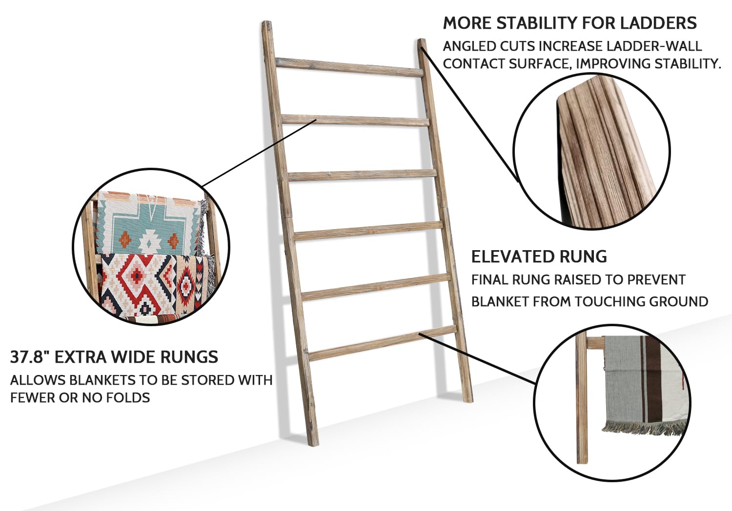 Fuin Extra Wide 6.4Ft Wooden Blanket Ladder Living Room Decorative Wal Leaning Farmhouse Quilt Display Holder Rustic Wood Towel