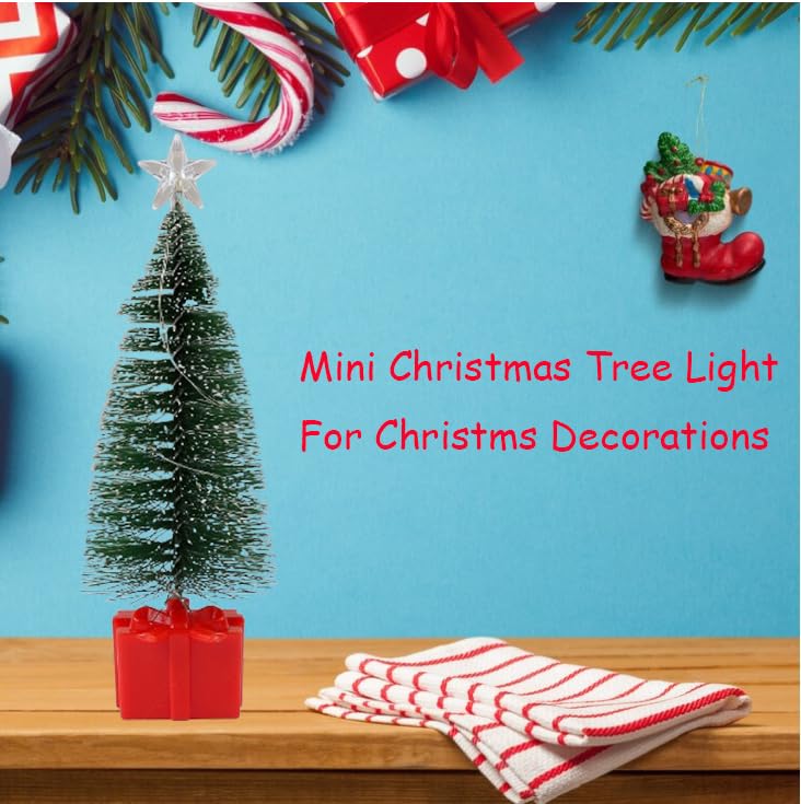 Christmas Decorations-Red Gift Base Mini Artificial Christmas Tree with Colorful LED String Lights and Star, Tabletop Small Xmas