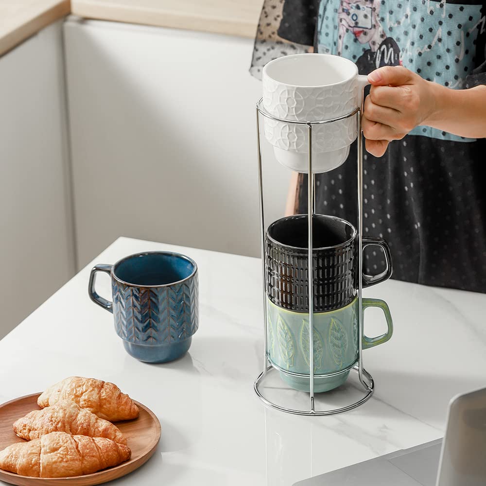 Koov Ceramic Coffee Mug Set With Stand, 16 Oz Coffee Mug For Coffee, Tea, Cocoa, Stackable Ceramic Coffee Cup Set Of 4, Large Co