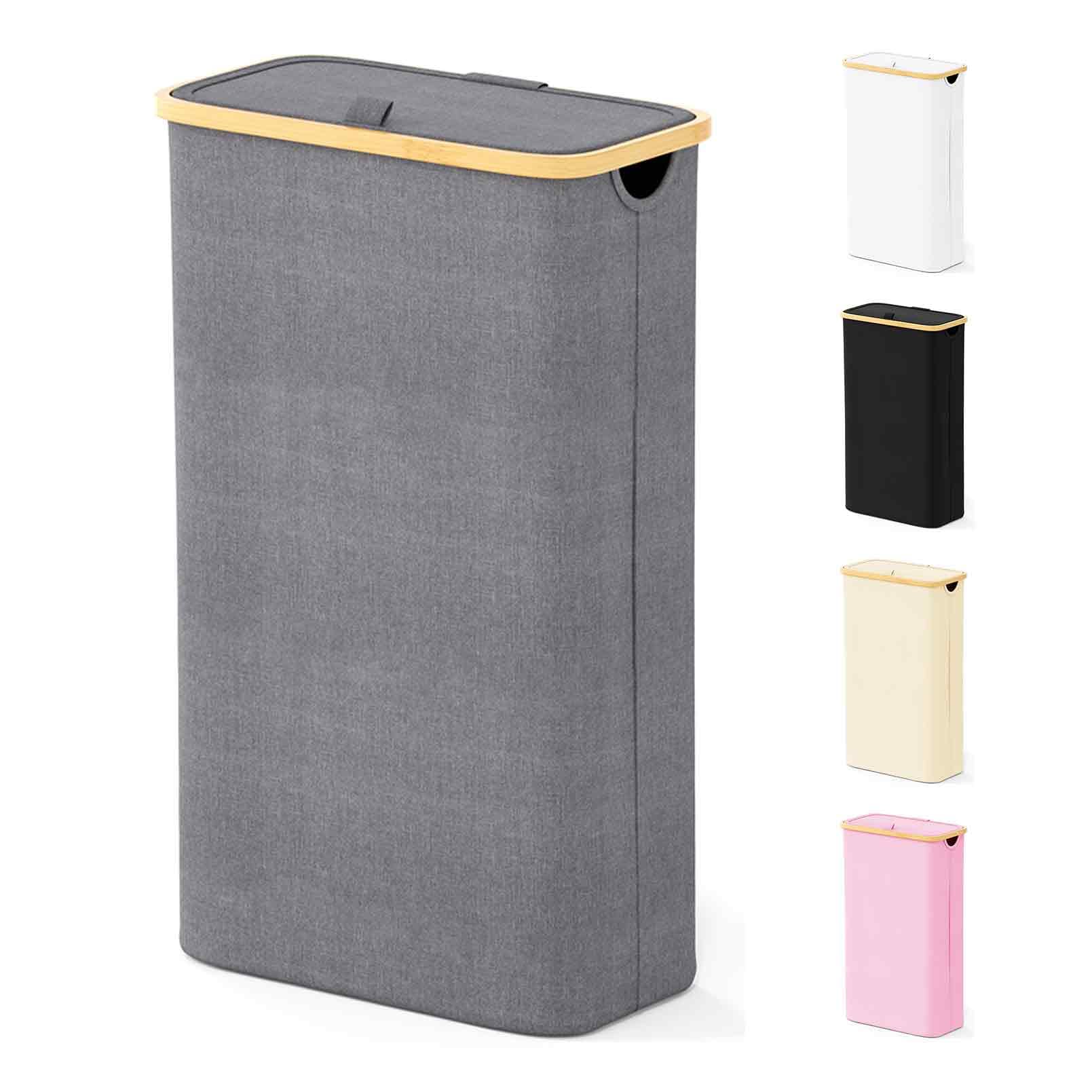 Spaceaid Slim Laundry Hamper With Lid, 65L Narrow Clothes Basket Bin With Bamboo Handles, Skinny Tall Collapsible Hamper For Bed