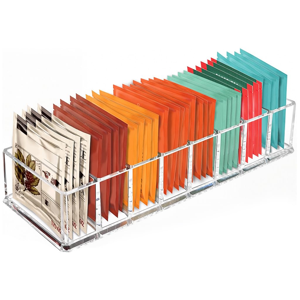 Supvox 8 Compartment Clear Acrylic Tea Bag Organizer, Removable Inserts Tea Storage Holder, Tea Packet And Sugar Pack Dispenser 