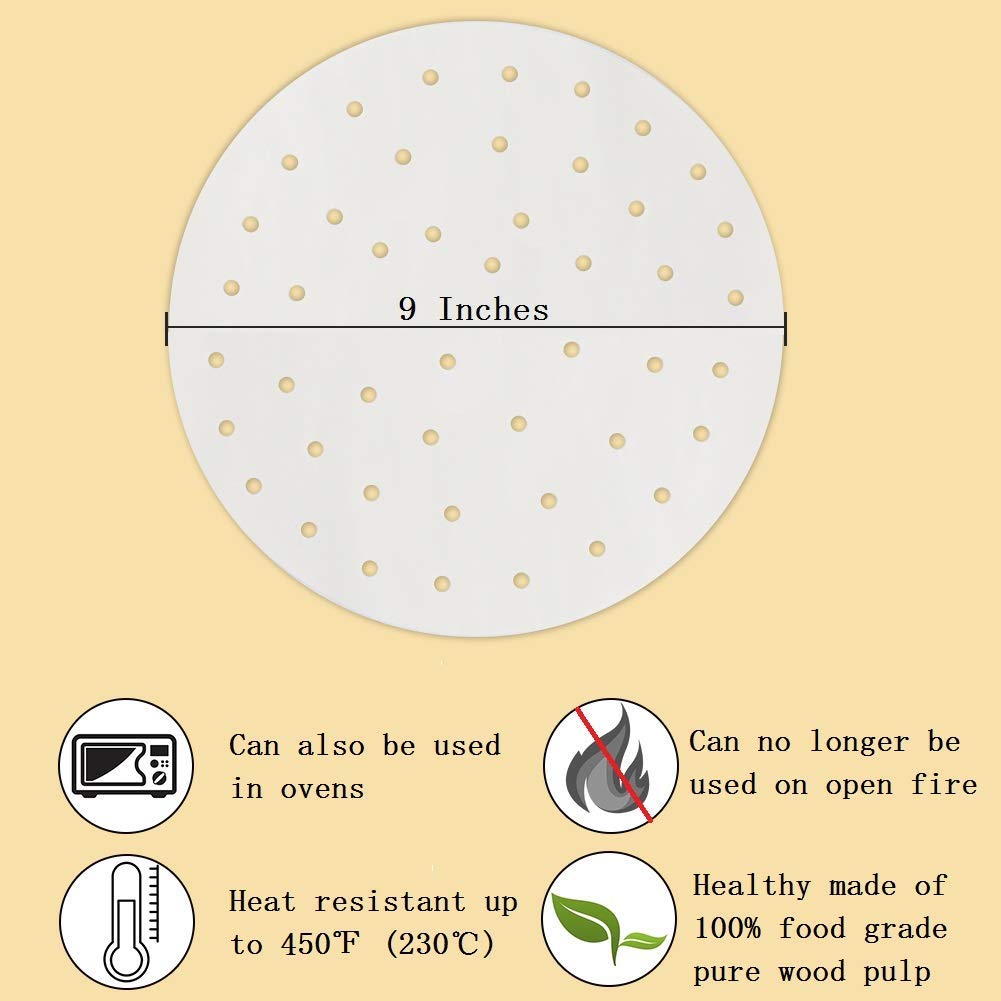 Air Fryer Liners - 7'' 8.5'' 9''10'' Parchment Paper Bamboo Steamer Liners Perforated Anti-Stick Waterproof 100% Pure Raw Wood P