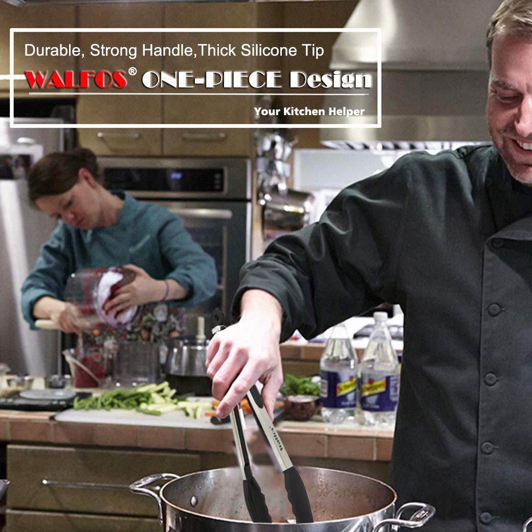 Walfos Kitchen Tongs - Heat Resistant Cooking Tongs Set of 3  Stainless Steel and BPA Free Silicone Tips  Great for Cooking  Grilling  Turning  7'' 9'' and 12'' (3 black silicone tongs)