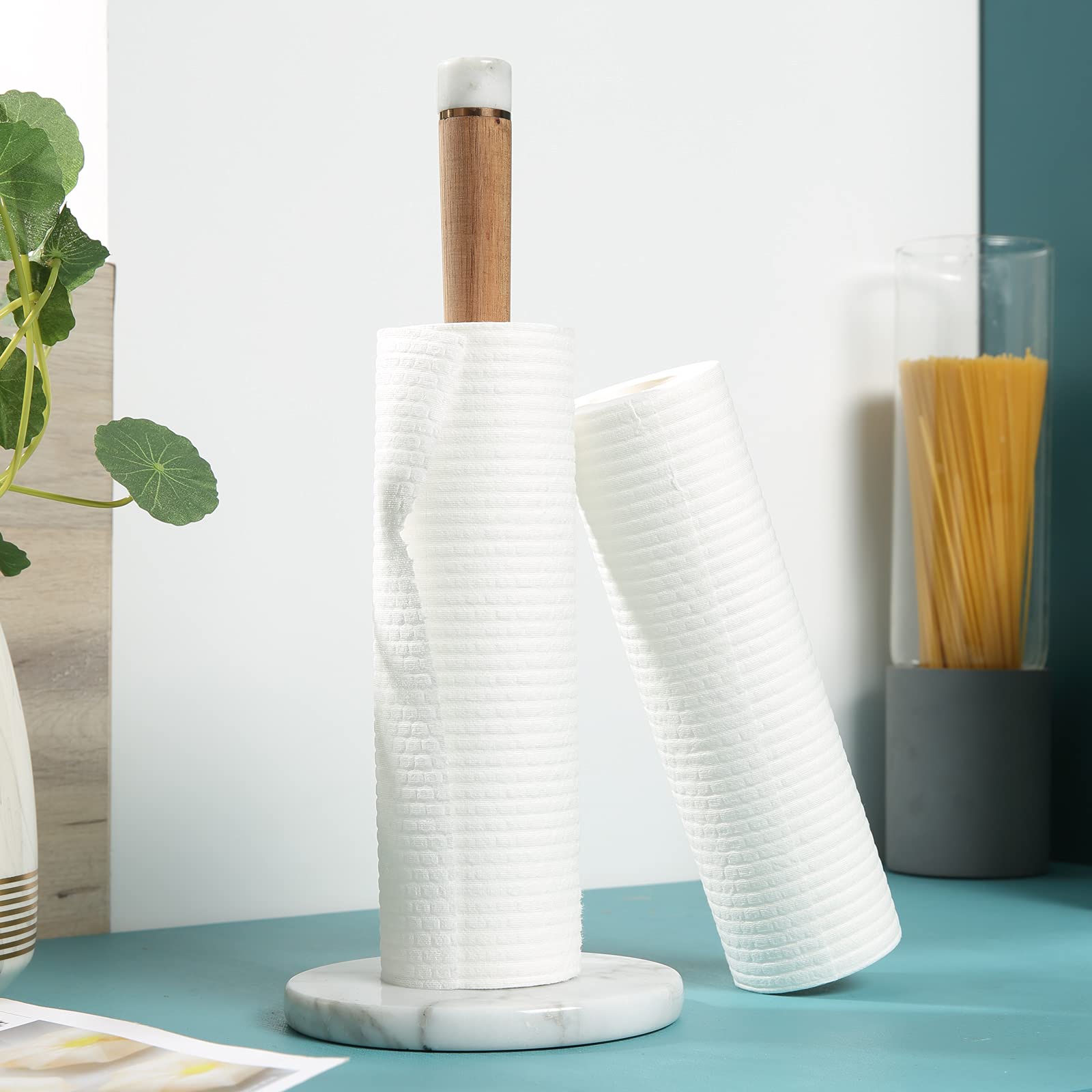 Jalz Jalz Paper Towel Holder Countertop Marble Base And Acacia Wood Stand,13.3'' Kitchen Paper Towel Roll Holder Stand