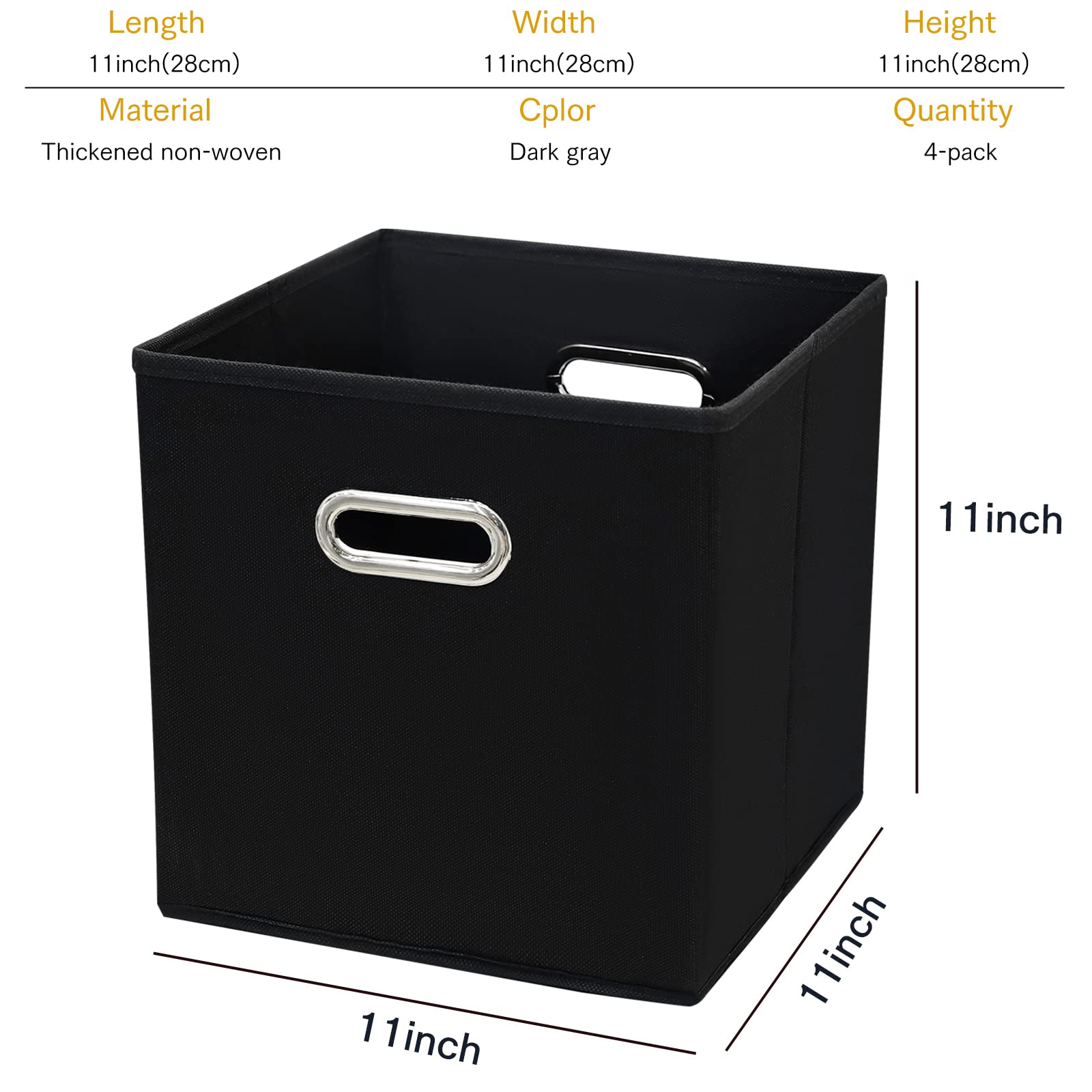Yunkeeper 11 Inch Cube Storage Bins Black Fabric Cubes Organizer Baskets with Handle  Foldable Basket for Closet or Collapsible Storage Box  11x11x11 Set of 4 (Black)