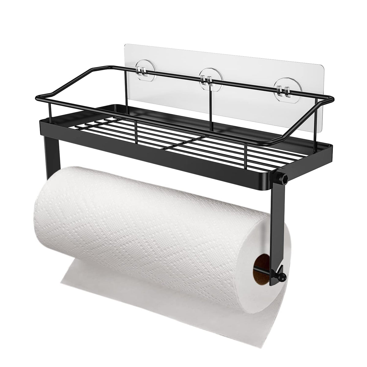 Paper Towel Holder Shelf, 2 In 1 Kitchen Spice Rack With Adhesive Black Paper Towel Holder For Bathroom, Stainless Steel Paper T