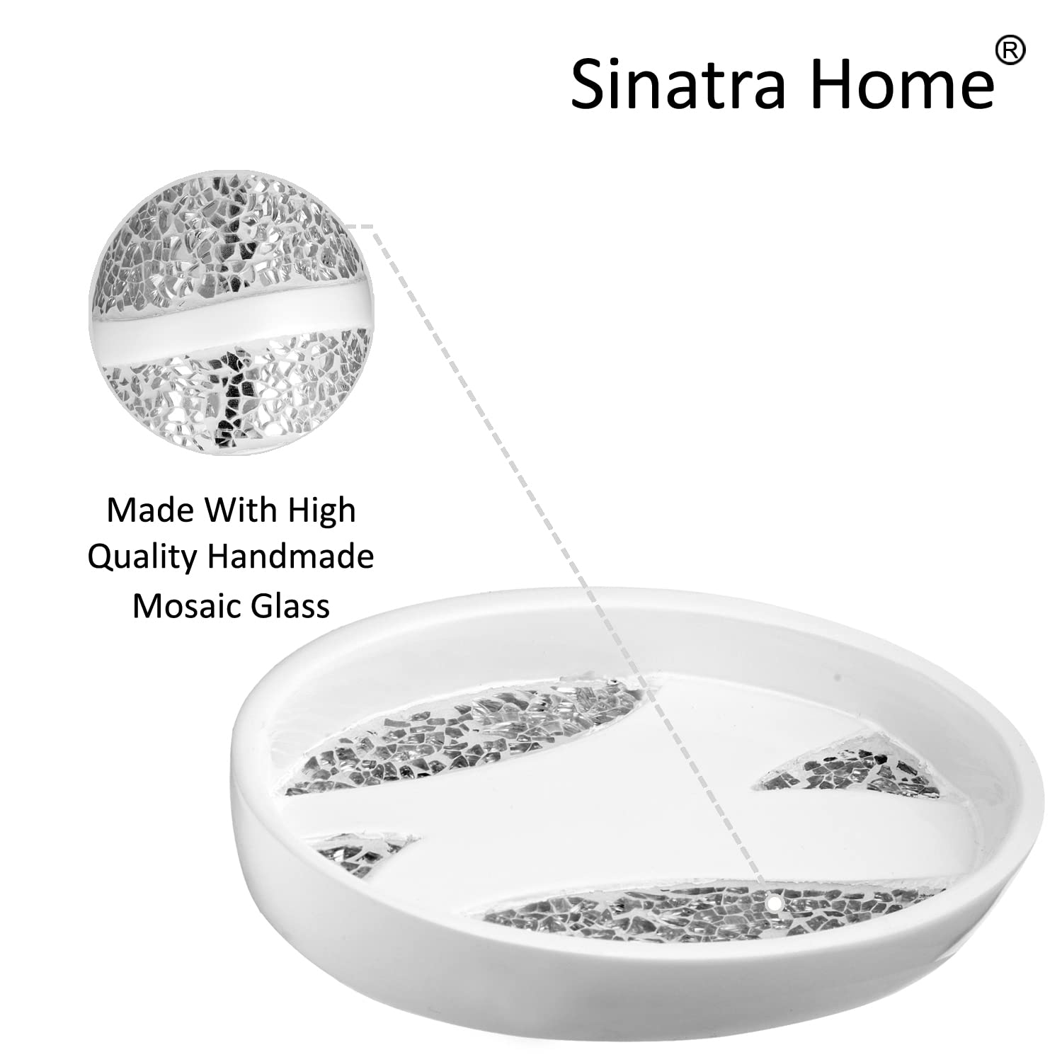 Zahari Home 4pc Sinatra Stylish Bathroom Accessories Set White Soap Dispenser  Tumbler  Tooth Brush Holder and Soap Dish Modern Classic Luxury Decor Bling Mosaic Glass White Bathroom Accessories