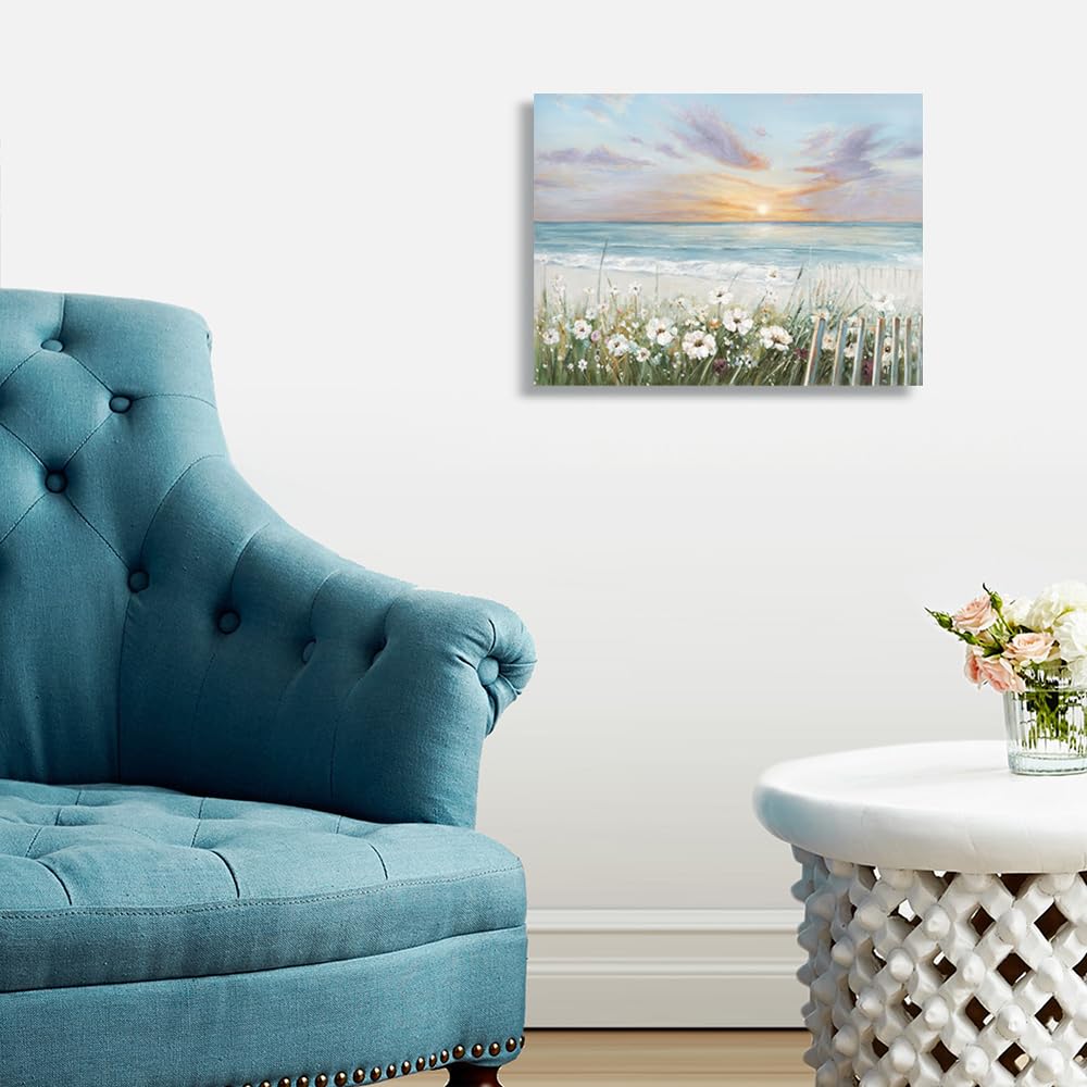 Ocean Sunset Canvas Prints Bathroom Wall Decor Ocean Theme Flower Canvas Wall Art Ocean Beach Sunrise With Blue Sky Beach Pictur