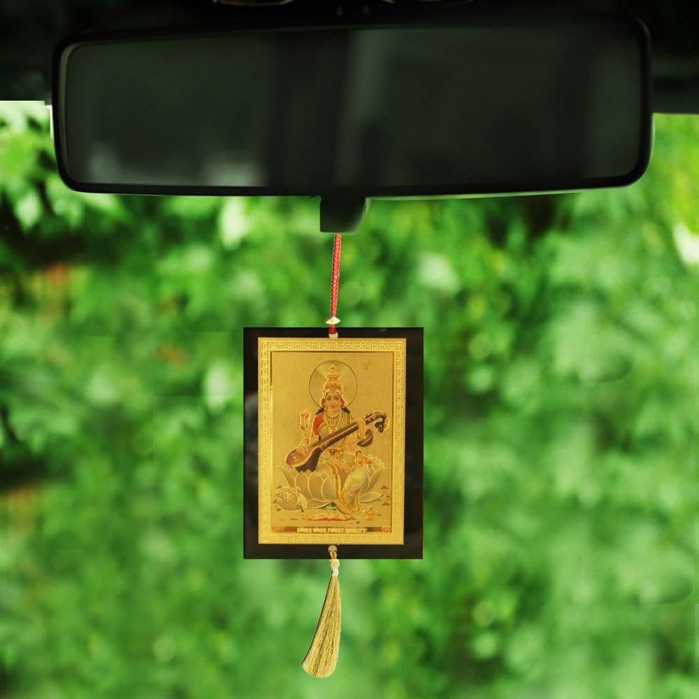 Divya Mantra Combo Of Saraswati Car Decoration Rear View Mirror Hanging Accessories And Prayer Flag For Car
