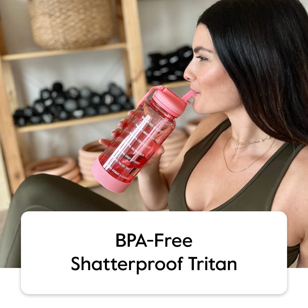 Takeya 32 Oz Motivational Water Bottle With Straw Lid With Time Marker, Premium Quality Bpa Free Tritan Plastic, Flutter Pink
