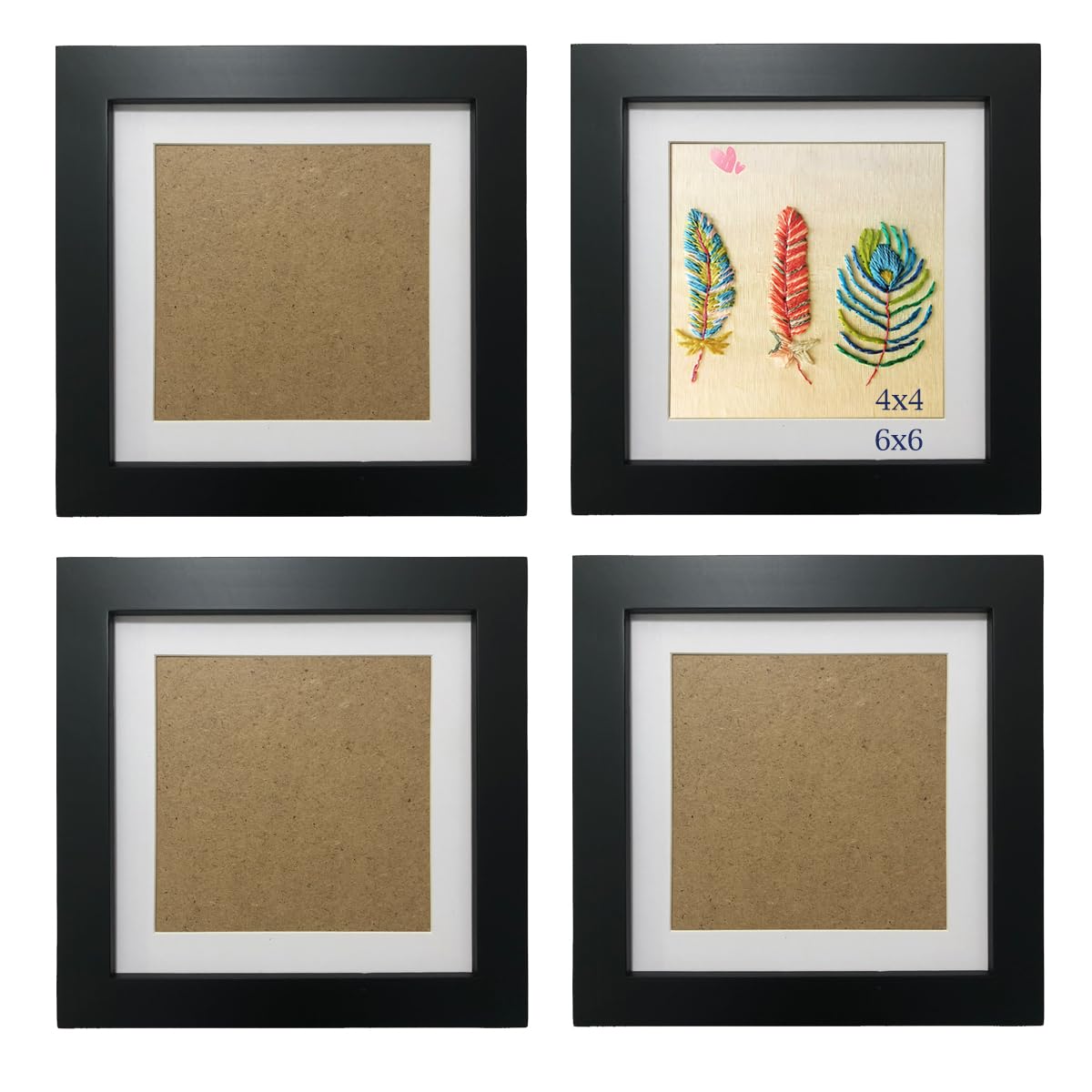 ZXT-parts 6x6 Picture Frames with Mat 4x4 Opening Set of 4 Pack. Black 6x6 Square Photo Frame. Solid Wood, Perspex Panel(Not Gla