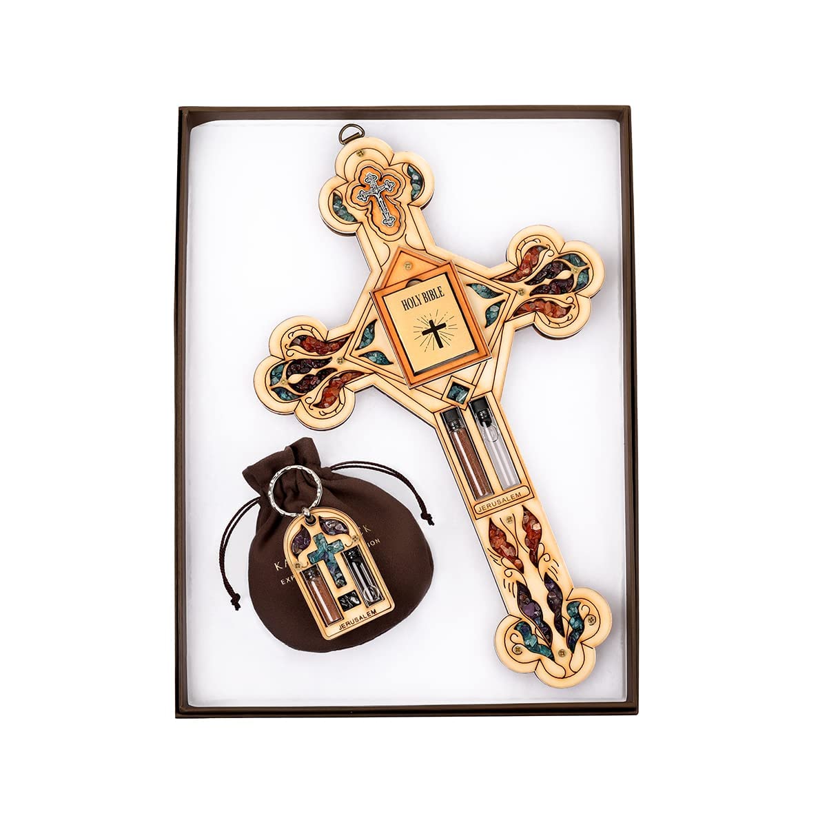 KARMA AND LUCK Ultimate Believer - Multistone Healing Crystals Cross Holy Water Bible Symbols Protection Wooden Wall Blessing Pl