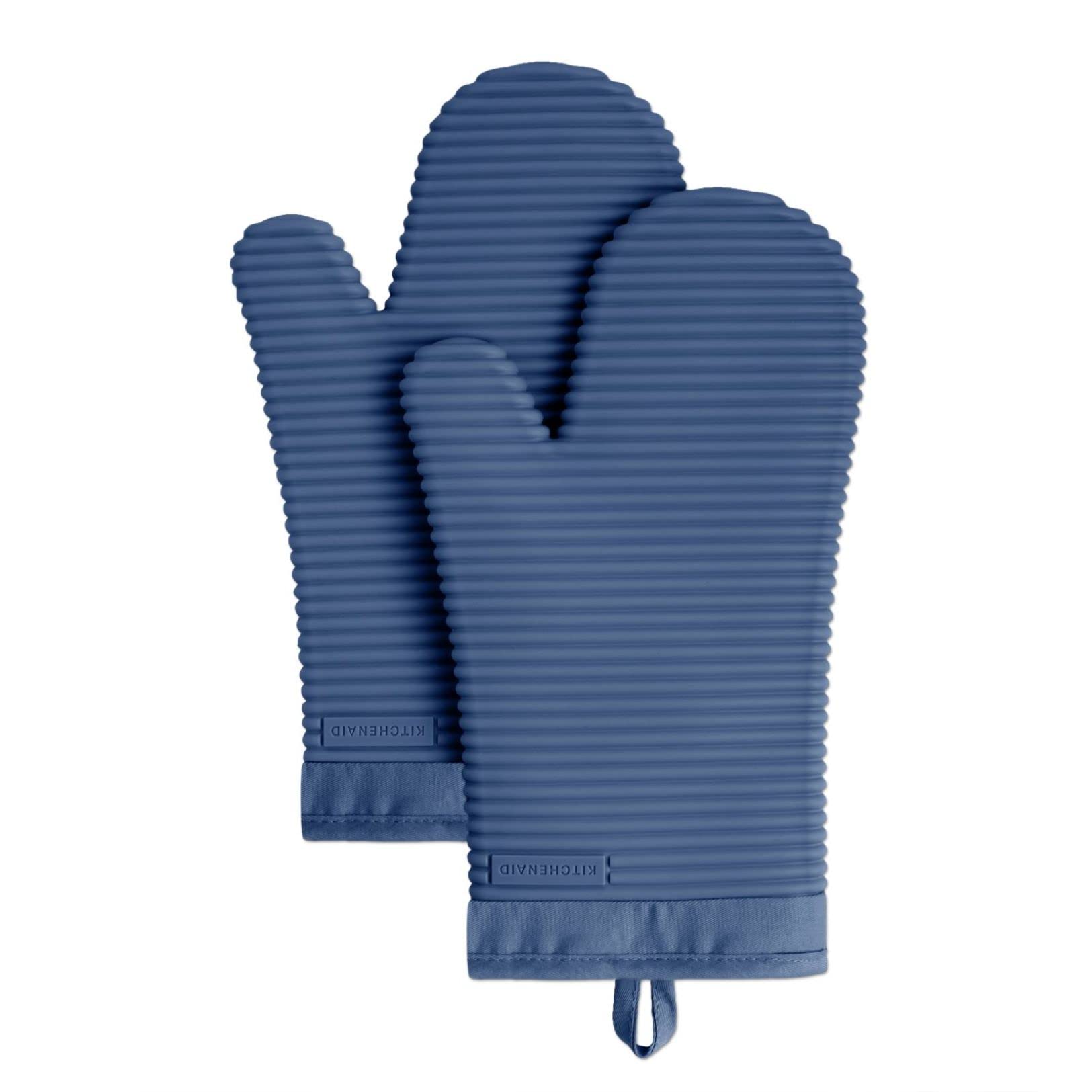 KitchenAid Ribbed Soft Silicone Oven Mitt Set, Blue Willow 2 Count , 7.5x13