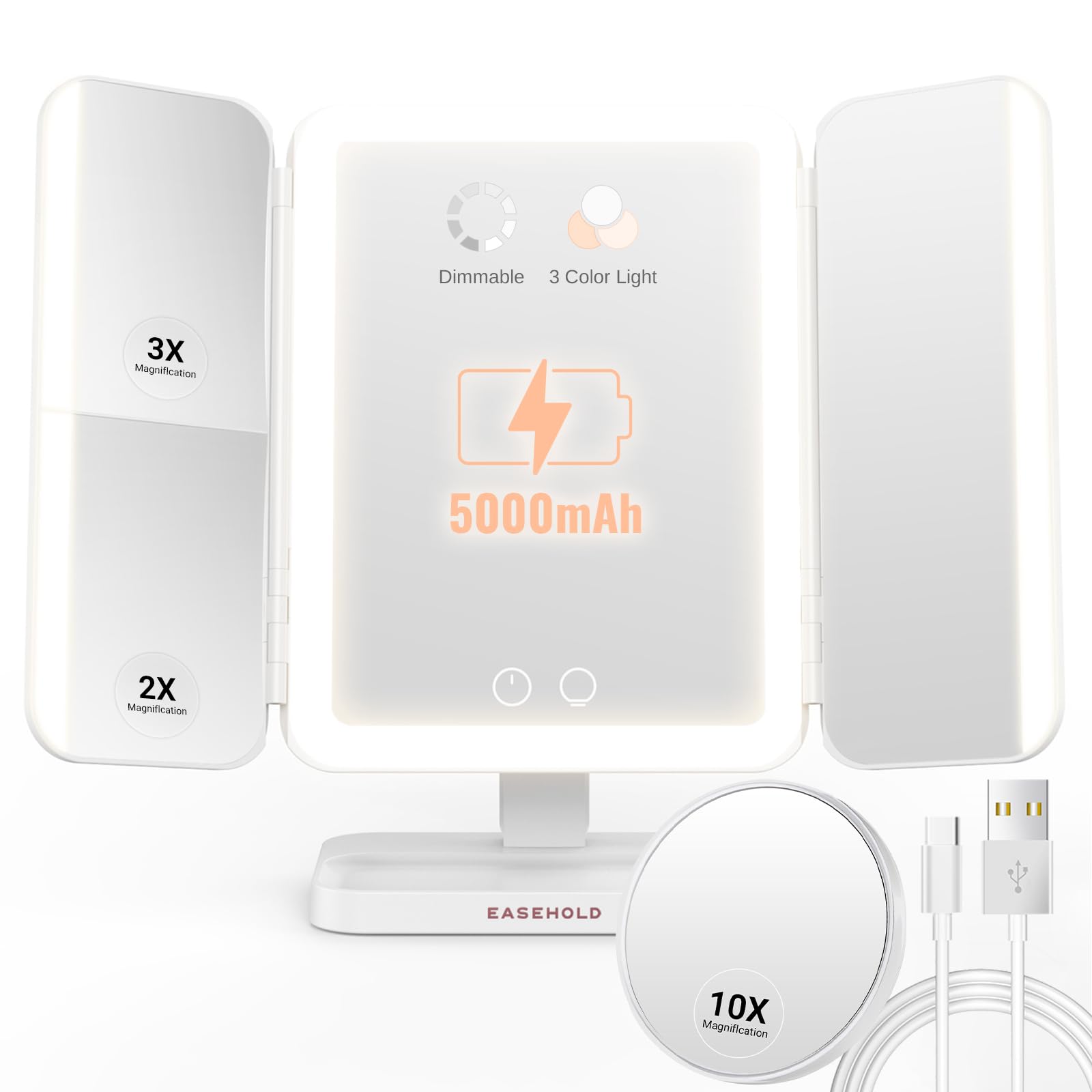 Easehold Lighted Makeup Mirror With Magnification, Makeup Mirror With Ligths, 2X 3X 10X Magnifying, Rechargable Led Mirror With