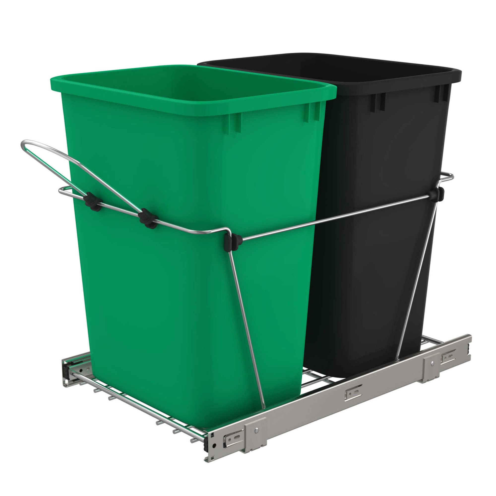 Rev-A-Shelf Double Pullout Trash Can For Under Kitchen Cabinets 35 Quart 12 Gallon Garbage Bin Container On Full Slides, Green/B