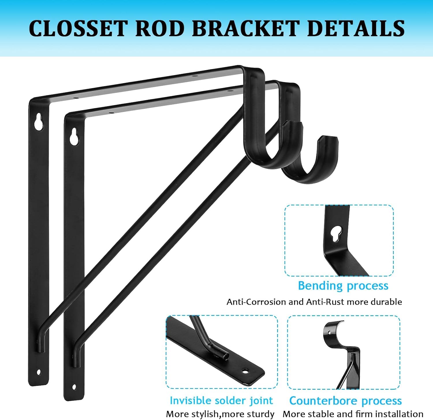 Ayaygd 6 Pack Heavy Duty Closet Rod Brackets 11 X 11 Inch, Black Closet Shelf & Rod Bracket Holder For Home And Closet Decor, Wa