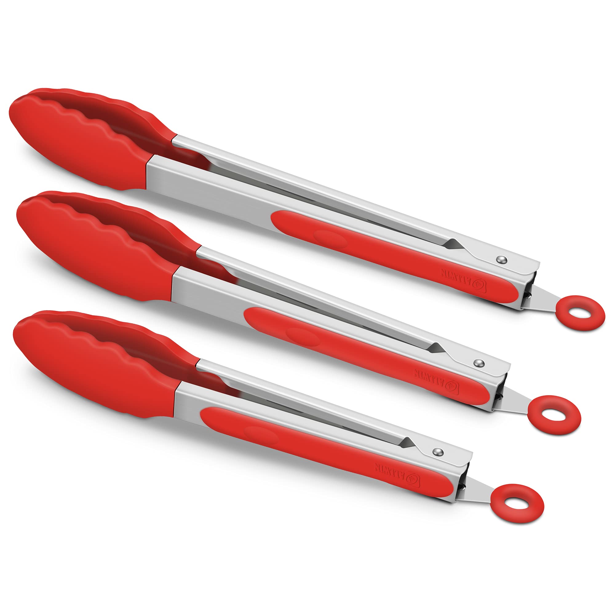 3 Pack Red Kitchen Tongs, Premium Silicone Bpa Free Non-Stick Stainless Steel Bbq Cooking Grilling Locking Food Tongs, 9-Inch 10