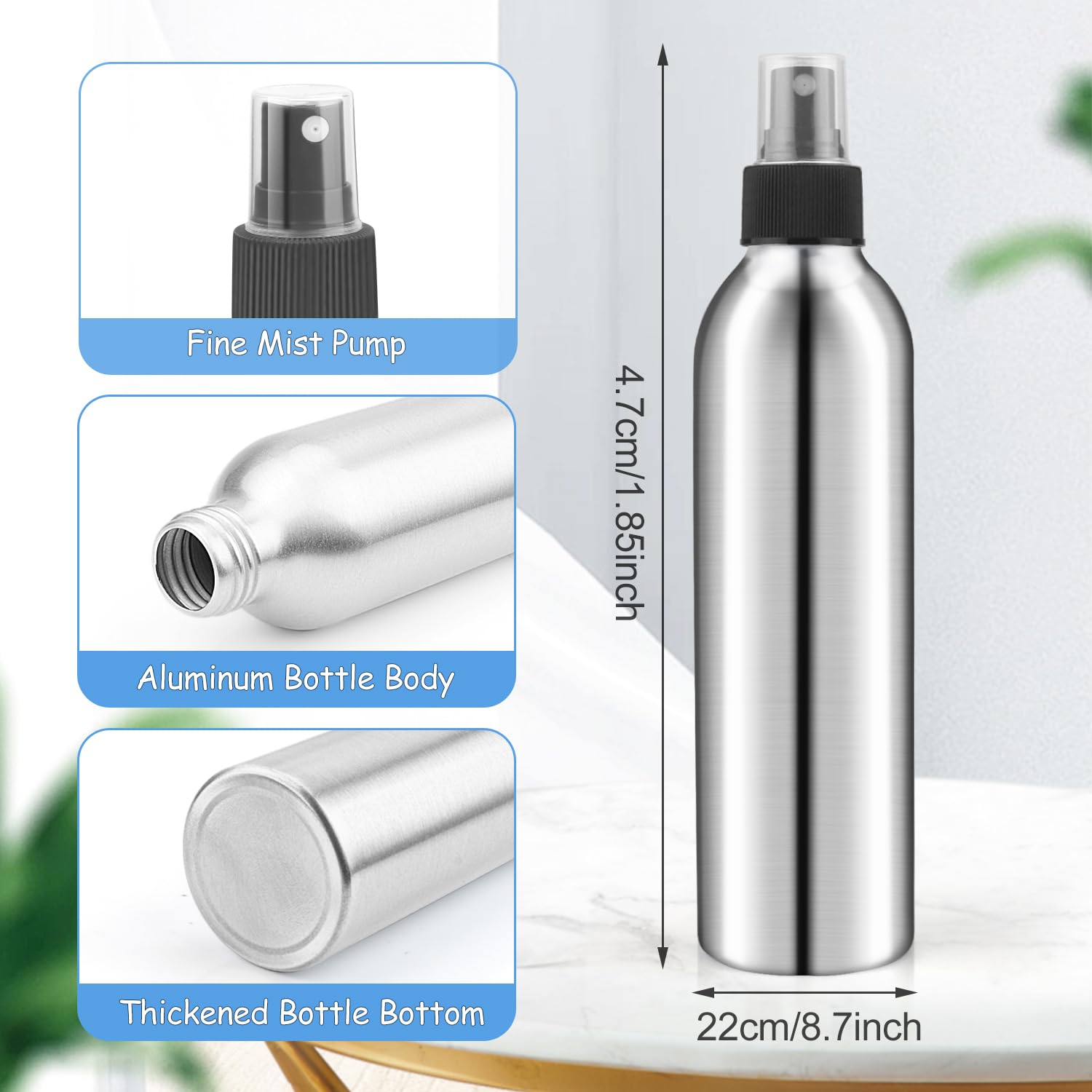 Dmuuudm 4-Pack 8Oz Aluminum Fine Mist Spray Bottles,Empty Metal Atomizer Bottles With Press Pump&Lids,Perfume Spray Bottles Cosm