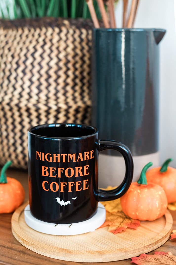 Pearhead Nightmare Before Coffee Ceramic Mug - Large 16oz Black Double-Sided Halloween Cup, Fun Fall Tea and Coffee Drinkware, S
