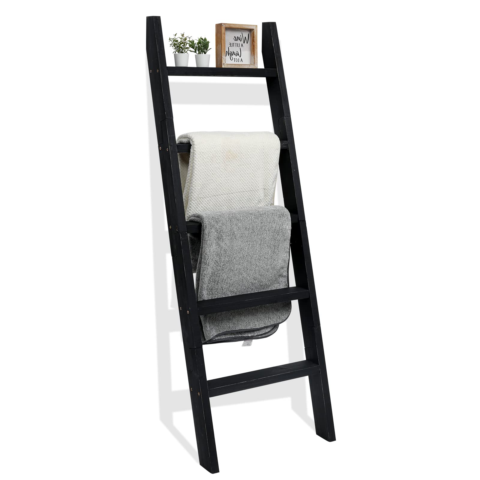 Fuin 5Ft (58'') Wood Blanket Ladder Living Room Decorative Wall Leaning Farmhouse Quilt Display Holder Shelf Rustic Wooden Towel