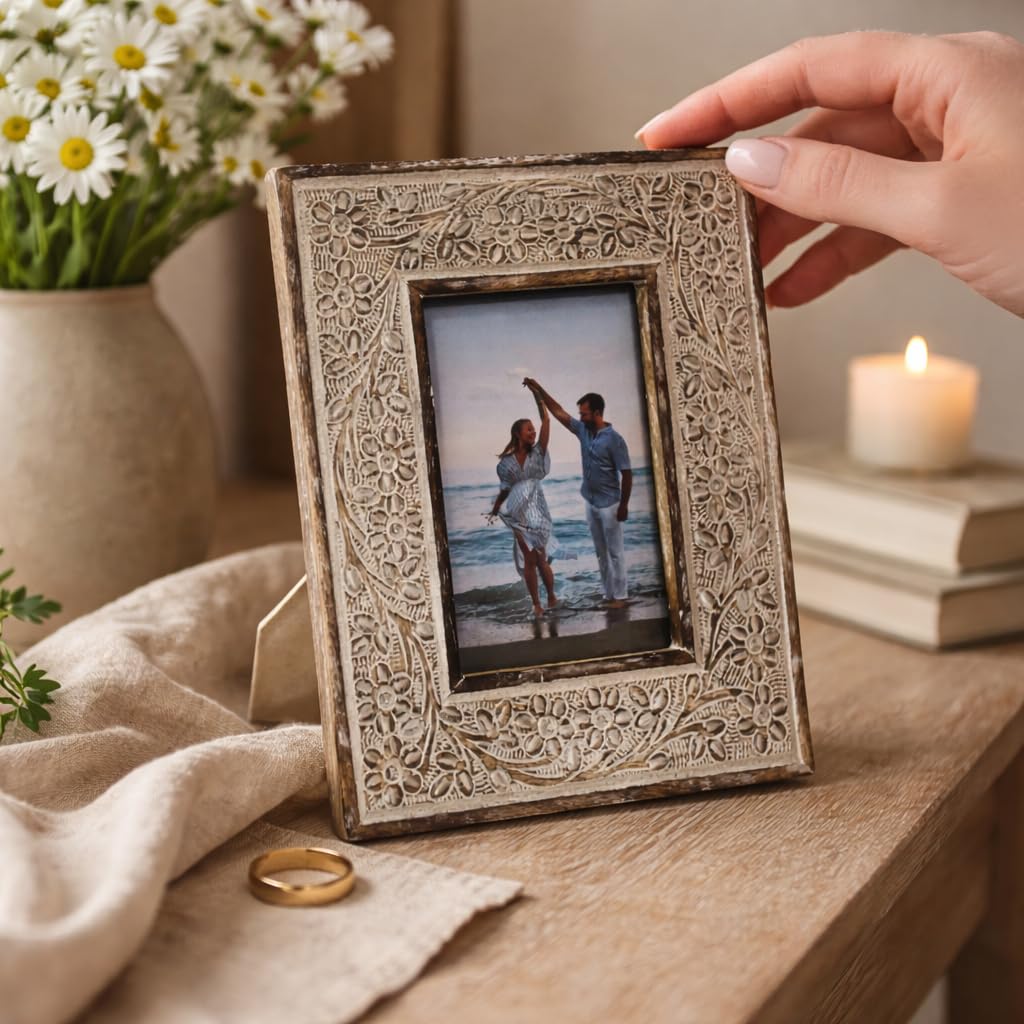 Accent Decora Wooden Carved Photo Frame Set Of 2 | 4X6 Inch Picture Frames | Handcrafted Mango Wood With Floral Embossed Design 