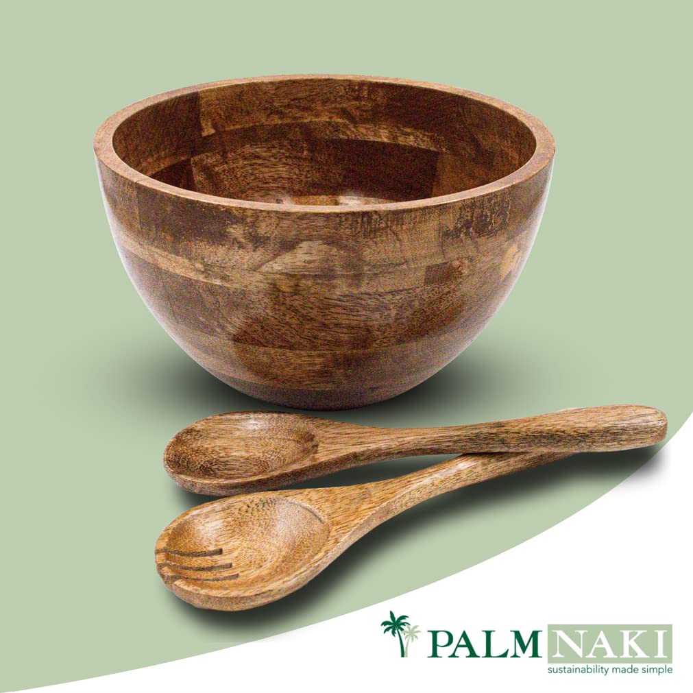 Palm Naki Premium Acacia Wood Salad Bowl And Servers Set - 3 Piece, Sustainable & Durable - Available In Two Sizes - Elegant And