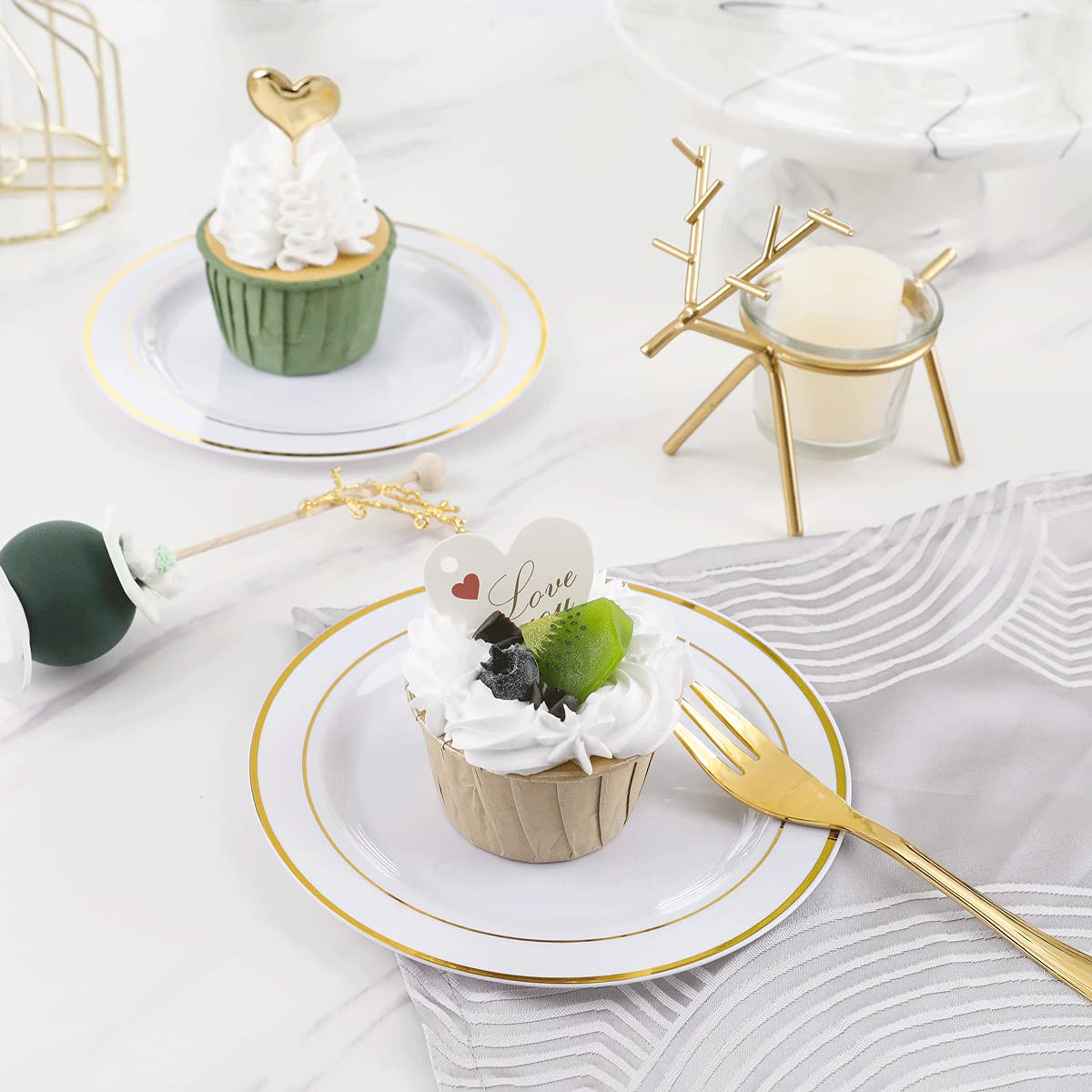 Wellife 120 Pcs Gold Plastic Dessert Plates And 120 Pcs Gold Forks, 6.5 Inch Disposable Salad Plates, Premium White Appetizer Pl