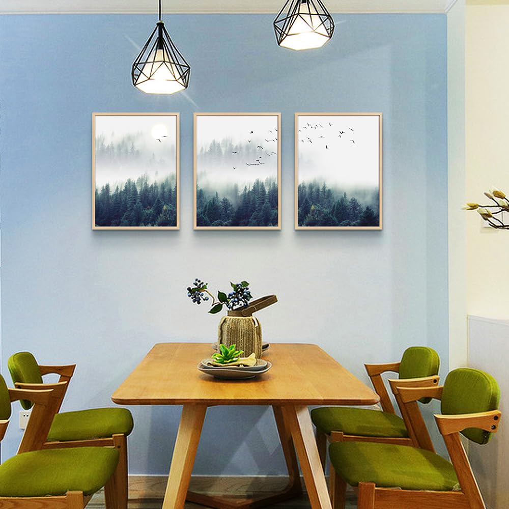 Natural Wood Framed Wall Art For Living Room Large Size Wall Decoration For Bedroom Foggy Forest Trees Landscape Painting Office Wall Decor Wall Pictures Artwork Home Decor 3 Piece Framed Art Prints