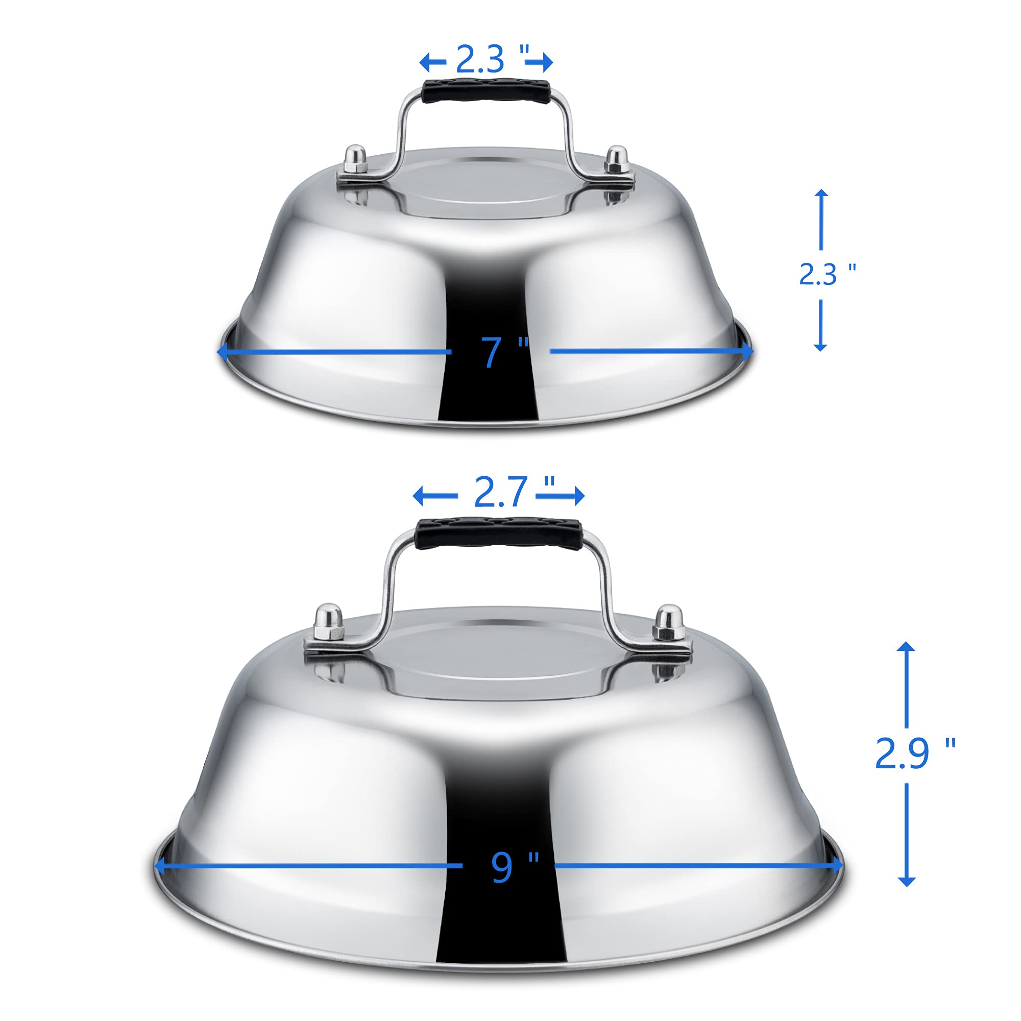 Cheese Melting Dome Set of 3  Leonyo 9''-6.5'' Stainless Steel Steam Basting Cover for Griddle Grill  Heavy Duty Metal Griddle Accessories for BBQ Flat Top Kitchen Cooking Burger  Heat Resistant Grip