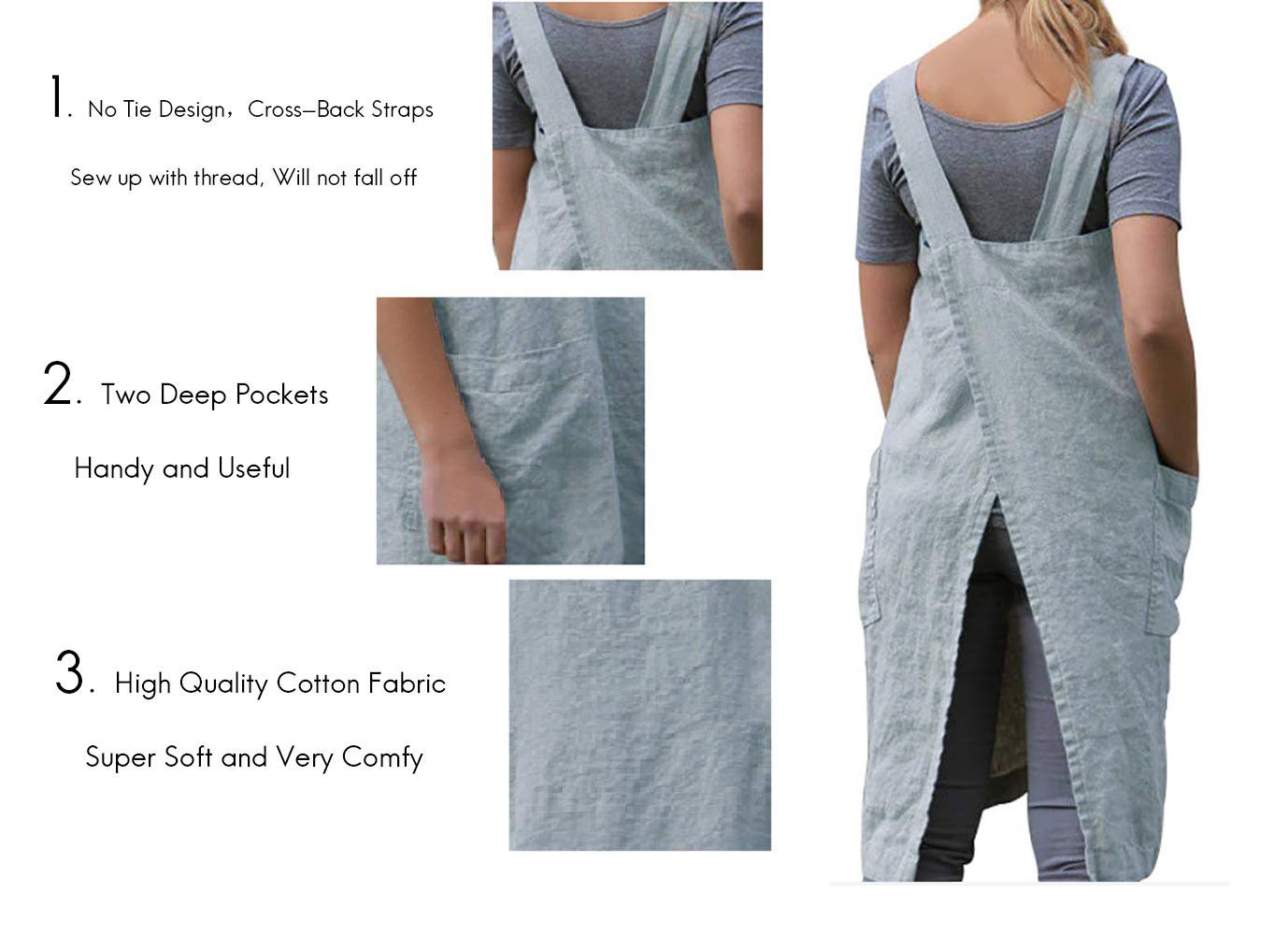 Women 'S Pinafore Square Apron Baking Cooking Gardening Works Cross Back Cotton/Linen Blend Dress With 2 Pockets Light Blue-3Xl